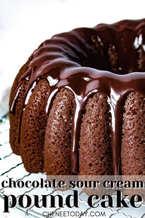 How to make the BEST Chocolate pound cake recipe - SO moist and easy with sour cream and an easy, homemade chocolate ganache glaze! The only chocolate bundt cake recipe you need! #chocolatecake #chocolatepoundcakerecipe #chocolatepoundcake #poundcake #poundcakerecipe #chocolatecakefromscratch #chocolatesourcreamcake #chocolateganache #bundtcake Chocolate Sour Cream Pound Cake Recipe, Chocolate Sour Cream Pound Cake, Chocolate Sour Cream Bundt Cake, Sour Cream Bundt Cake, Sour Cream Chocolate Cake, Chocolate Cake From Scratch, Chocolate Pound Cake, Sour Cream Pound Cake, Sour Cream Recipes