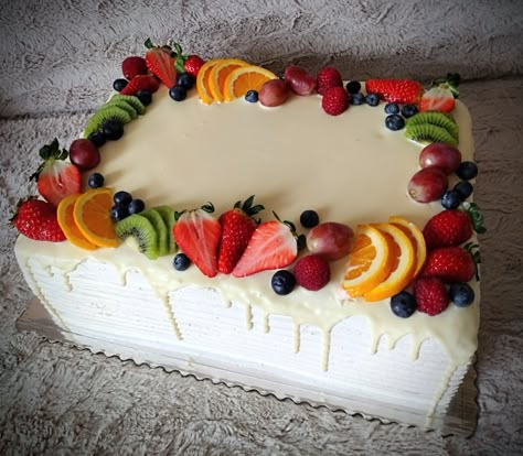 Sheet Cake With Fruit On Top, Fresh Fruit Birthday Cake, Tres Leches Sheet Cake, Tres Leches Cake With Fruit, Cake With Fruit On Top, Cake Messages, Fruit Cake Decoration, Fruit Topped Cake, Square Cake Design