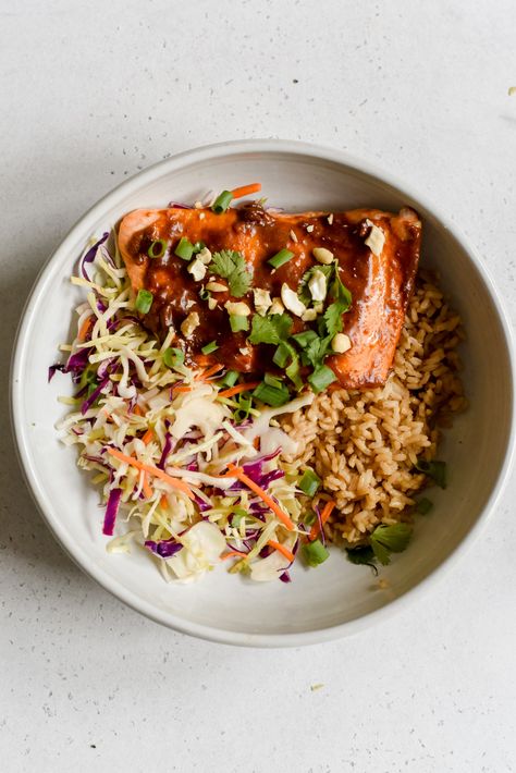 Thai Peanut Salmon Dish | RD-Licious - Registered Dietitian - Columbia, SC Peanut Salmon, Hormone Balancing Recipes, Salmon Meal Prep, Nutrition Therapy, Thai Peanut Sauce, Ayurvedic Diet, Salmon Bowl, Thai Peanut, Peanut Recipes