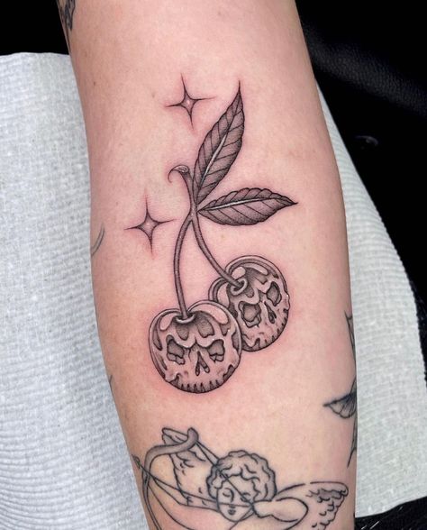 Cherry Skull Tattoo, Tattoos Inspos, Cherry Tattoo, Cherry Tattoos, Flash Design, Tattoo Portfolio, School Tattoo, Tattoo Inspo, Halloween Skull