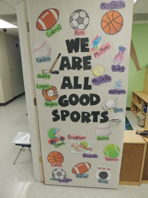 Sports Theme Classroom Door Ideas, Sport Theme Classroom Door, Classroom Door Sports Theme, Fall Sports Bulletin Board Ideas, Back To School Sports Theme, Ball Bulletin Board Ideas, Sports Door Decorations Classroom, Pe Door Decorations, Sports Theme Classroom Door