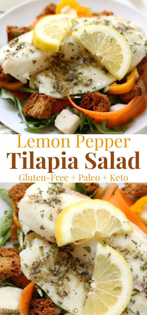 Lemon pepper tilapia salad recipe Tilapia Salad Recipes, Paleo Easy Lunch, Tilapia Salad, Lemon Pepper Tilapia, Gluten Free Croutons, Paleo Easy, Keto Fish, Keto Salads, Paleo Recipe