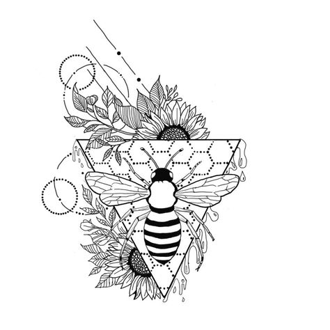 Bee Triangle Tattoo, Sunflower And Bee Tattoo Black And White, Bee With Flowers Drawing, Honeycomb Tattoo Geometric, Geometric Bee Tattoo, Sunflower And Bee Tattoo, Flower And Bee Tattoo, Bee And Flower Tattoo, Tattoo Bee