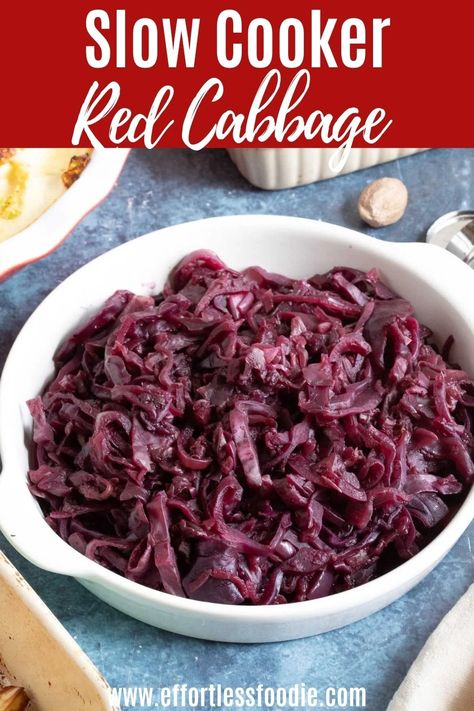 An easy slow cooker red cabbage recipe, perfect for Christmas dinner or served as a delicious veggie side dish. Slow Cooker Red Cabbage, Sausage Meat Stuffing, Cabbage Slow Cooker, Cooked Red Cabbage, Red Cabbage Recipe, Slow Cooker Christmas, German Dishes, Red Cabbage Recipes, Braised Red Cabbage