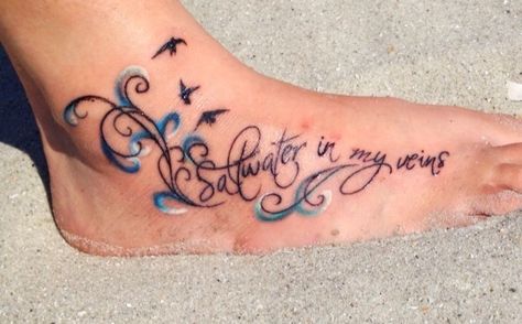 Saltwater in my veins It Calls Me Ocean Tattoo, Salt Life Tattoo For Women, Beach Foot Tattoos For Women, Ocean Foot Tattoo, Coastal Tattoos For Women, Salt Life Tattoo, Beach Themed Tattoos For Women, Ocean Lover Tattoo, Beachy Tattoos For Women