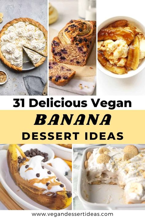 These vegan banana recipes are all so yummy! Includes easy no bake dessert ideas like bananas foster and banana pudding. As well as vegan baking recipes like banana bread, pies and cakes!You'll find ideas for frozen, ripe and overripe bananas. All these vegan dessert recipes are dairy-free, eggless and there's lots of gluten-free options too. Vegan Recipes With Bananas, Vegan Banana Desserts, Vegan Banana Desserts Easy, Banana Vegan Dessert, Healthy Banana Desserts, Vegan Banana Recipes, Banana Recipes Vegan, Vegan Banana Cream Pudding, Vegan Frozen Banana Recipes