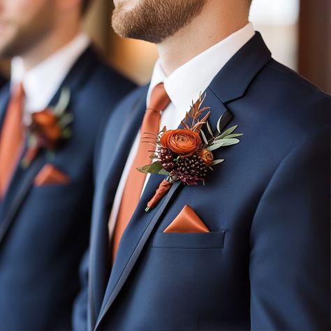 Stunning Navy Blue and Rust Wedding Colors | Discover Tips for a Perfect Palette - Yeah Weddings Fall Wedding Colors Navy And Rust, Navy Blue Wedding Scheme, Fall Wedding Navy Blue Color Combos, Dusty Blue And Rust Wedding Flowers, Rust And Teal Wedding Colors, Rustic Orange And Gold Wedding, Navy And Orange Groomsmen, Deep Blue Wedding Suit, Blue Suit Terracotta Tie