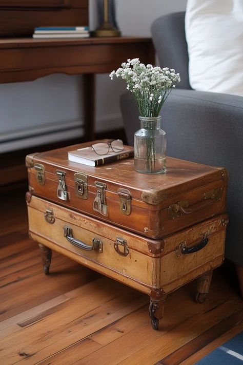 "Elevate your decor with the creative charm of a DIY Vintage Suitcase Table! 🛠️🧳 Perfect for creating a functional and stylish conversation piece. 🌟✨ #UpcycledDesign #VintageInspiration #DIYCrafts" Suitcase Table Diy, Diy Vintage Suitcase, Garden Bedroom Ideas, Vintage Suitcase Decor, Vintage Suitcase Table, Suitcase Table, Suitcase Decor, Diy Suitcase, Inspired Furniture