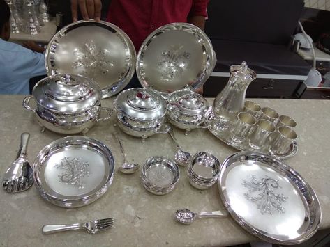 12 kgs dinner set only on order Antique Silver Dinner Set, Silver Dinner Set Designs, Silver Dinner Set Indian, Silver Dinner Set, Silver Utensils, Silver Home Accessories, Silver Articles, Silver Plates, Pooja Items