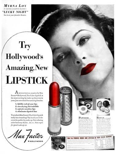 Cosmetics and Skin: Max Factor (1930-1945) Max Factor Lipstick, Picture Of Doctor, Medical Logo Design, Myrna Loy, Cream For Dry Skin, Vintage Cosmetics, Color Harmony, Max Factor, Magazine Ads