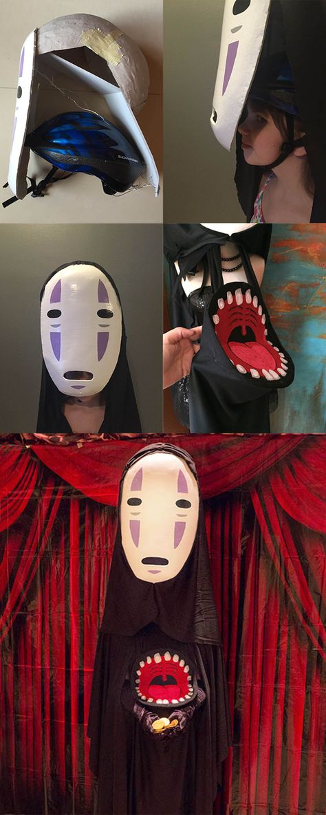 No Face Diy Costume, Masked Cosplay Ideas, No Face Halloween Costume, Soot Sprite Costume, Ghibli Halloween Costumes, Diy Anime Costume, Diy Mask Costume, Cosplay Cardboard, Studio Ghibli Costume