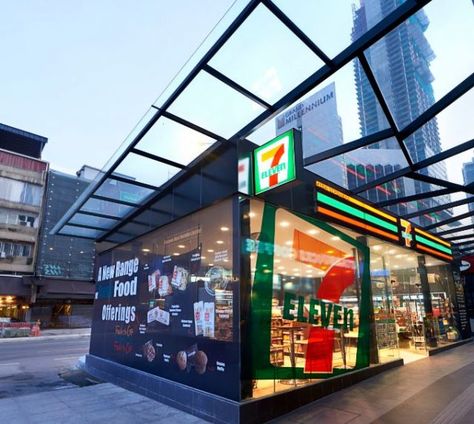 Mini Mart Interior Design, Inside 7 Eleven, 7/11 Store 7 Eleven, Min Supermarket Design, Mini Grocery Store Design Philippines, Commercial Building Plans, Modern Store, Retail Facade, Store Signage