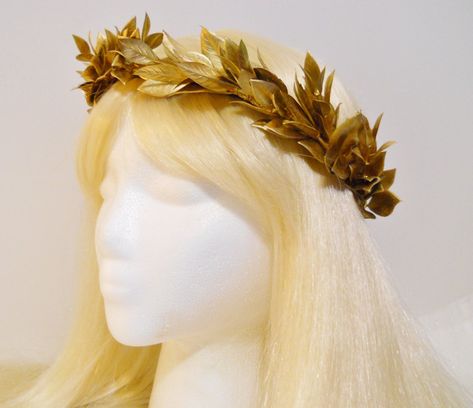 Greek Crown Aesthetic, Gold Headdress Goddesses, Roman Wreath Crown, Golden Headpiece Goddesses, Greek Golden Leaf Crown, Greek God Headpiece, Laurel Wreath Headpiece, Greek Laurel Crown, Golden Wreath Crown