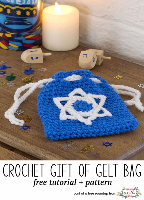 Crochet this classic gift of gelt drawstring bag from Red Heart from my Celebrate Hanukkah free crochet pattern roundup! Jewish Crafts, How To Celebrate Hanukkah, Easy Crochet Patterns Free, Crochet Stars, Holiday Crochet, Red Heart Yarn, Bag Crochet, Heart Gifts, Crochet Bag Pattern