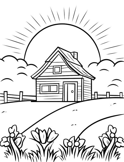 Farmhouse Morning: A farmhouse with a rising sun in the background. (Free Printable Coloring Page for Kids) Drawing Sheets Free Printable, Free Kids Coloring Pages Printables, Morning Scenery Drawing, Farmhouse Drawings, Free Printable Coloring Pages For Kids, Easy Colouring Pages, Drawing Pages For Kids, Farmhouse Drawing, Coloring Free Printable