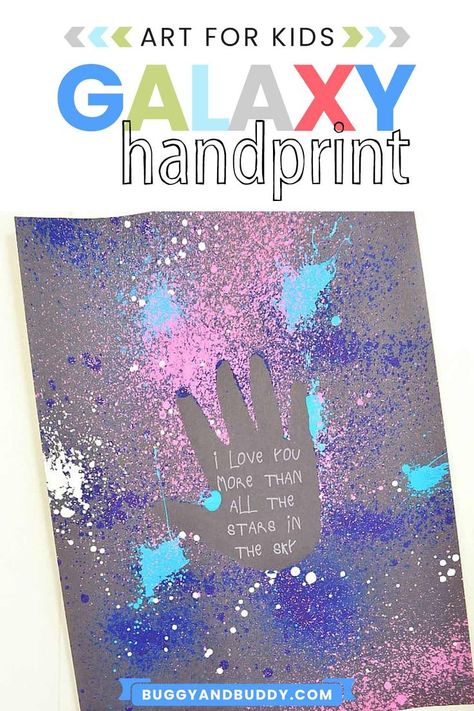 This galaxy inspired handprint art project is a wonderful keepsake and super fun to make! Kids use a splatter paint technique to create this negative space art. A fun craft to give as a gift or display in your home. Outer Space Crafts, Space Crafts For Kids, Easy Mother's Day Crafts, Art Project For Kids, Handprint Crafts, Mothers Day Crafts For Kids, Daycare Crafts, Art Activities For Kids, Handprint Art