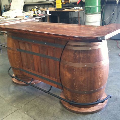 Custom made Wine barrel bar made for our saloon themed game room. Whiskey Barrel Bar, Wine Barrel Bar, Barrel Projects, Barrel Decor, Barrel Bar, Wine Barrel Furniture, Basement Gym, Barrel Table, Basement Bar Designs