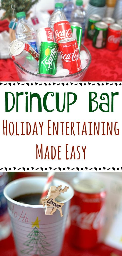 Adding this fun holiday drink bar to your next holiday gathering will have your guests asking you for your holiday entertaining tips.  Holiday Entertaining Made Easy with this super easy to create DrinCup Bar! How to create a drink bar, drink bar ideas, holiday party ideas, Drink Bar, DIY Drink Bar, Easy Drink Bar Idea Holiday Beverage Station, Christmas Drink Display, Christmas Drink Station Ideas, Christmas Party Drink Station, Holiday Drink Station, Diy Drink Bar, Drink Bar Ideas, Party Drink Station, Fun Holiday Drinks