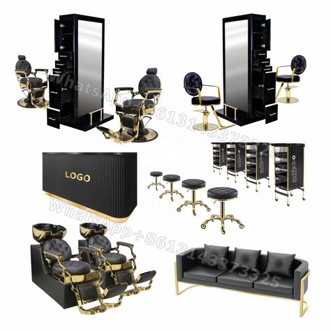 Black And Gold Barbershop, Black And Gold Hair Salon Decor, Black And Gold Beauty Salon, Black And Gold Salon Decor, Barber Shop Aesthetic, Black And Gold Salon, Makeup Studio Ideas, Chair Styling, Salon Equipment Furniture