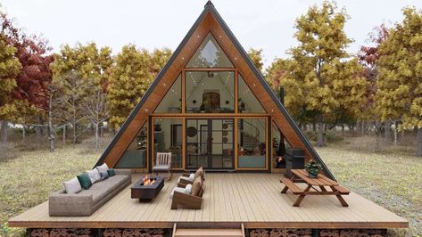 Tiny A Frame Cabin, Cabin House Design, Tiny Farmhouse, A Frame Cabin Plans, Cottage Tiny House, Triangle House, Airbnb House, Small Wooden House, A Frame House Plans