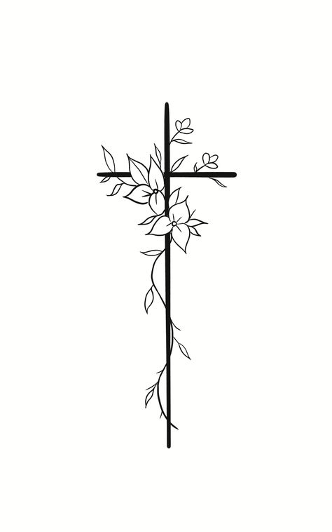 Cross With Morning Glory Tattoo, Simple Cross Tattoos For Women, Cross And Flower Tattoo, Cross Drawing Sketches, Cross With Vines, Cross Rib Tattoos, Cross Tattoo Design, Cross With Flowers, Small Cross Tattoos