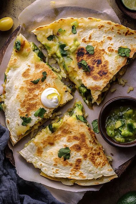 Cheesy Green Chile and Avocado Rice Quesadillas Cilantro Lime Salsa, Avocado Rice, Quick Vegetarian Meals, Leftover Rice, Mashed Avocado, Cooked Rice, Vegetarian Meal, Vegetarian Recipes Easy, Green Chile