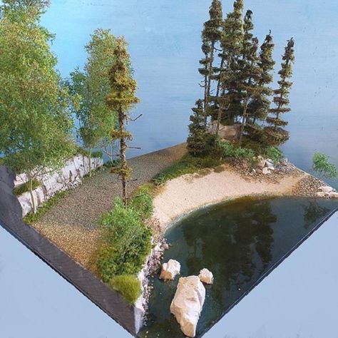 Miniature Waterfall, Photo Adjustments, Model Diorama, Train Miniature, Diorama Ideas, Water Based Acrylic Paint, Spray Paints, Forest Road, Lake Forest