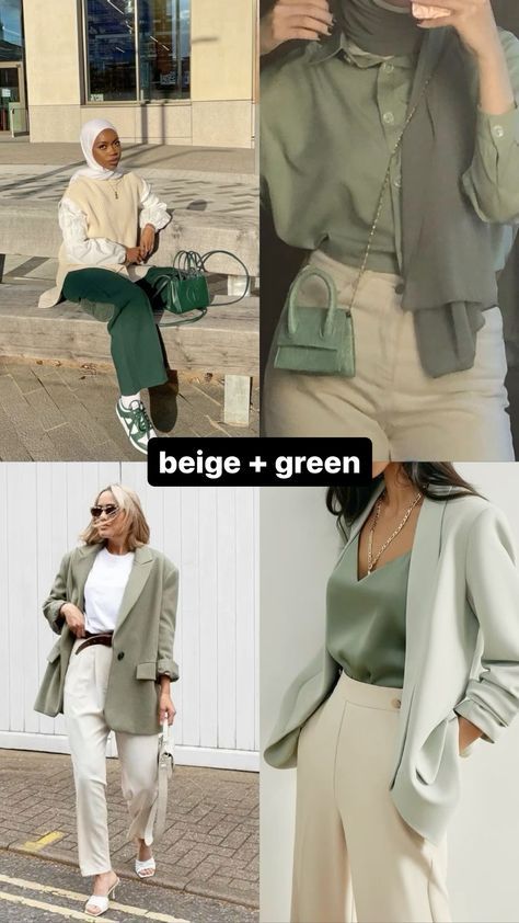 Beige Outfit Color Combos, Green Clothes Combination, Beige Color Combinations Outfit, Beige And Green Outfit, Green Combination Outfit, Colour Combinations Clothes For Women, Green And Beige Outfit, Colour Combinations Clothes, Vintage Winter Outfits