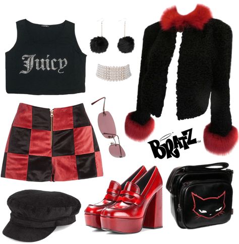 Bratz Doll Outfits Aesthetic, Red Bratz Outfit, 2000s Fashion Outfits Red, Bratz Inspo Outfit Sasha, Bratz Outfit Aesthetic, 2000s Bratz Outfits, Y2k Bratz Outfits, Bratz Style Outfit, Y2k Rock Aesthetic