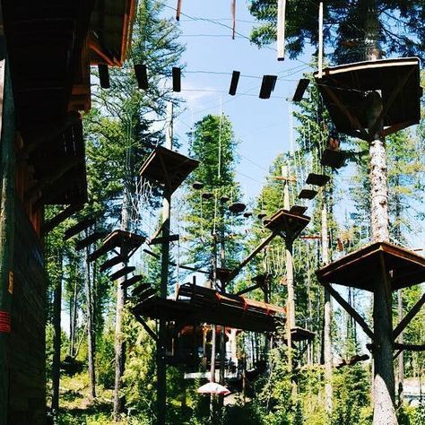 High Ropes Course Adventure, Indoor Ropes Course, Obstacle Course Aesthetic, High Ropes Course Aesthetic, Ropes Course Aesthetic, Rock Wall Climbing, Giant Water Slide, High Ropes, Camp America