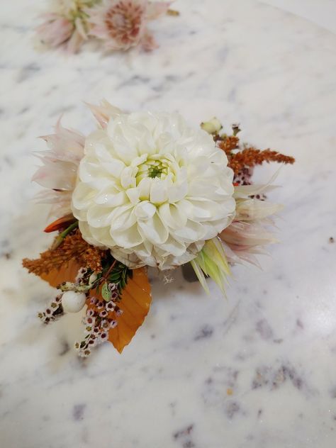 Cuff corsage with white dahlia and fall colors (: Dahlia Wrist Corsage, Dahlia Corsage, Fall Corsage, Cuff Corsage, Wearable Florals, October Bouquet, Sunflower Corsage, White Dahlia, Corsage Wedding