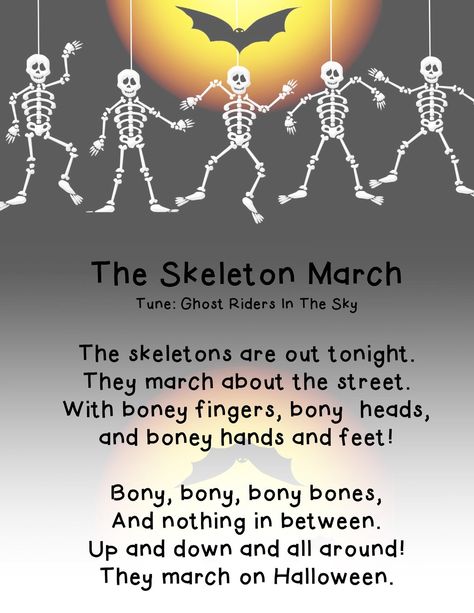 Skeletons! Click to here this song and download a free poster. Skeleton Songs Preschool, Skeleton Math Activities, Skeleton Preschool, Halloween Poems For Kids, Halloween Literature, Skeleton Crafts, Halloween Storytime, Autumn Songs, October Lesson Plans