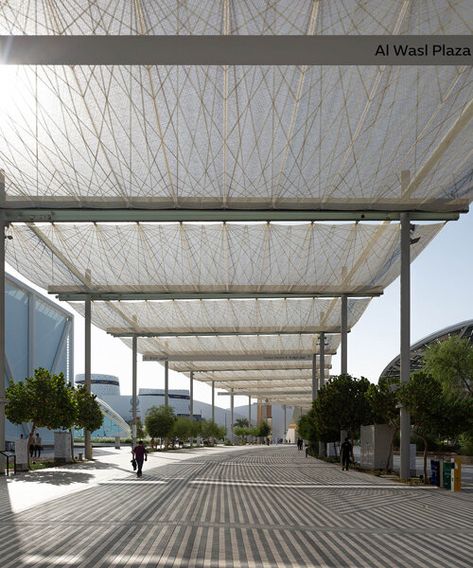 an ethereal canopy of high-tech i-Mesh floats above expo 2020 dubai Architectural Canopy, Tensile Canopy, Shading Structure, Canopy Structure, Design Creative Ideas, Floating Canopy, Canopy Ideas, Expo 2020 Dubai, Home Decor Ideas Bedroom