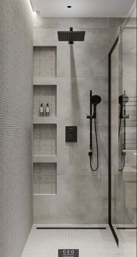 Black And Tan Bathroom, Tan Bathroom, Tub To Shower Remodel, Toilet And Bathroom Design, Minimalist Showers, Restroom Design, Bathroom Redesign, Dorm Room Inspiration, Boys Bathroom