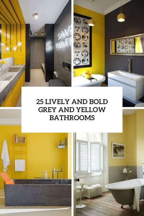 lively and bold grey and yellow bathrooms cover Bathroom Decor Gray, Yellow Bathroom Ideas, Yellow Grey Bathroom, Yellow Bathroom Accessories, Gray Bathroom Walls, Yellow Accent Walls, Grey And White Bathroom, Yellow Bathroom Decor, Blue Bedroom Walls