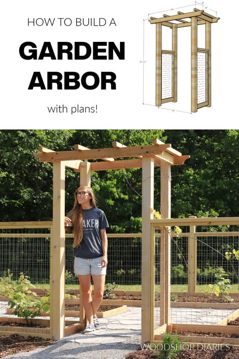 How to Build a Garden Arbor | Building Plans With Optional Gate Wooden Arch Garden Entrance, Pergola Ideas Garden, Garden Gates With Arbor, Wooden Garden Arches, Arbor Planter Boxes, Entrance To Garden Ideas, How To Build A Garden Arch, Wood Garden Trellis Ideas Diy, Garden Arbor Plans