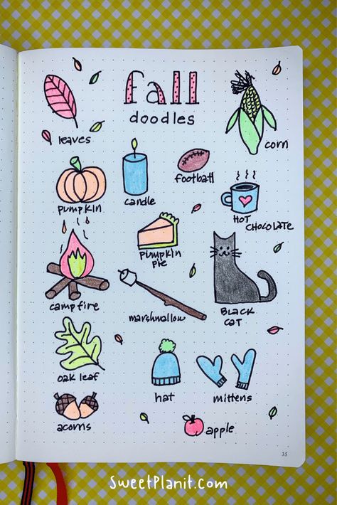 Easy Fall Bullet Journal Doodles You Can Draw — Sweet PlanIt Fall Doodles Autumn Simple, September Doodles Easy, Simple Fall Doodles, September Drawings Easy, Fall Doodles Bullet Journal, Fall Sketches Easy, Fall Doodles Easy, Planner Doodles Ideas, Autumn Drawing Easy