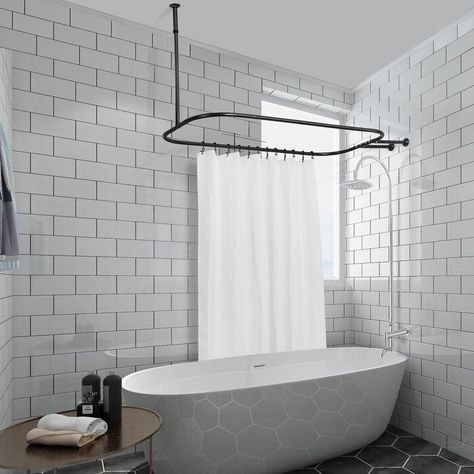 Shower With Clawfoot Tub Inside, Oval Shower Curtain Rail, Clawfoot Tub Separate Shower Bathroom, Clawfoot Tub Shower Curtain, Clawfoot Tub On Platform, Clawfoot Tub Inside Shower Stall, Clawfoot Tub Shower, Bathroom Tub Shower, Shower Rods