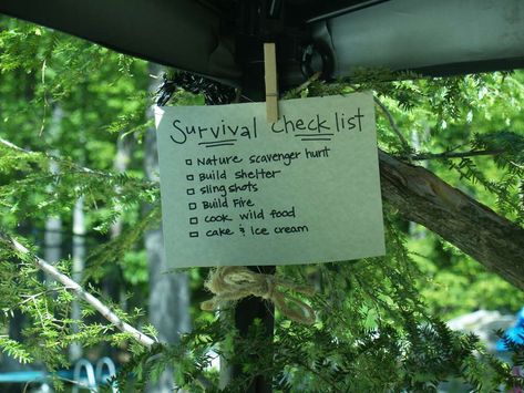 Survival Birthday Party, Survival Theme Birthday Party, Survival Party Ideas, Survival Birthday Party Ideas, Bear Grylls Birthday Party, Survivor Party Ideas, Adventure Birthday Party, Survivor Party, Nature Party