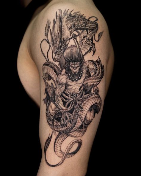 Girin Tattoo, Sun Wukong Tattoo, Wukong Tattoo, King Dragon, Black Dragon Tattoo, Dragon Tattoo Meaning, Dragon Tattoo Ideas, Red Dragon Tattoo, Wolf Tattoo Sleeve