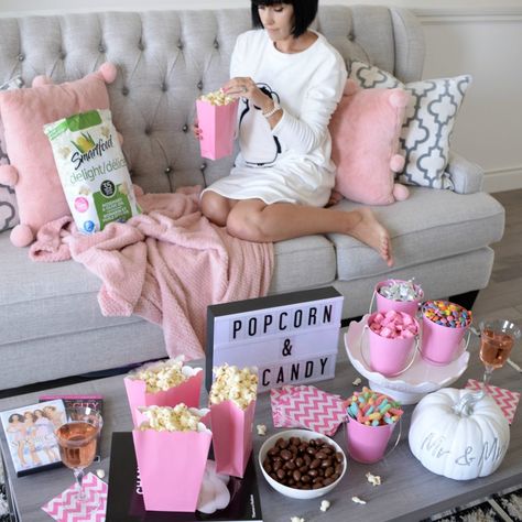 Bachelorette Movie Night, Movie Night Diy, Pink Movie Night, Barbie Movie Night, Bachelorette Movie, Diy Movie Theater, Ladies Movie Night, Diy Popcorn Bar, Movie Party Decorations