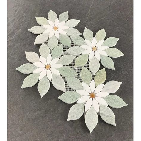 Ivy Hill Tile Thistle 12.4" x 14.13" Marble Waterjet Mosaic Tile (1.21 Sq. Ft. / Sheet) | Wayfair Mosaic Tile Furniture, Best Shower Tile, Marble Waterjet, Waterjet Mosaic Tile, Blue Bungalow, Penny Round Mosaic, Tile Furniture, Floral Tile, Green Porcelain