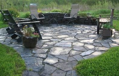 slate patios with firepit | Slate patio Natural Slate Patio, Slate Stone Patio Ideas, Slate Rock Garden, Diy Slate Patio, Slate Stone Patio, Slate Patio Ideas, Rock Patios, Slate Projects, Entrance Gateway