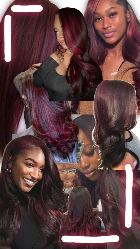 dark burgundy hair with red highlights Burgundy Hair With Red Highlights, Burgundy Natural Hair, Red Hair On Dark Skin, Burgundy Hair With Highlights, Hair With Red Highlights, Cherry Cola Hair Color, Cola Hair, Burgundy Red Hair, Dark Burgundy Hair