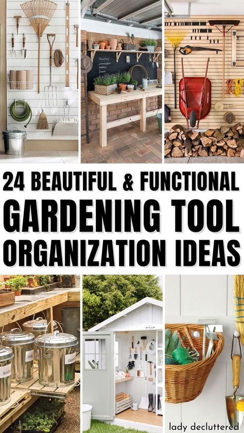 Gardening is a relaxing and rewarding hobby, but it can quickly become frustrating if you don’t have a designated place to store your tools. After all, nothing brings your gardening flow to a screeching halt faster than losing your pruning shears! - Lady Decluttered | Gardening Tool and Shed Organization Ideas Garden Tool Shed Organization, Potting Shed Organization Ideas, Gardening Shed Organization, Must Have Garden Tools, Garden Supply Organization, Gardening Storage Ideas, Greenhouse Organization Ideas, Small Shed Organization Ideas, Outdoor Toy Organization