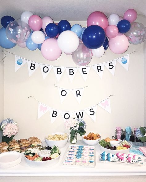 bobbers or bows! planned my bestie’s gender reveal & i’m obsessed with how it turned out! Bobbers Or Bows, Bobber Or Bows Gender Reveal, Bobbers And Bows Gender Reveal, Baits Or Bows Gender Reveal Decorations, Gender Reveal Bobbers Or Bows, Baits And Bows Gender Reveal, Bait Or Bows Gender Reveal Ideas, Bobbers Or Bows Gender Reveal, Gender Reveal Fishing Ideas