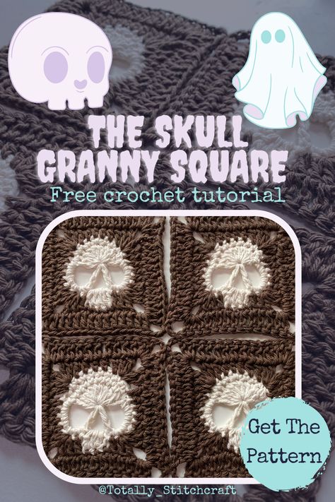 Fun Blanket Crochet Pattern, Gothic Crochet Granny Square, Crochet Skull Stitch, Crochet Clothes With Granny Squares, Diy Crochet Squares, Halloween Crochet Granny Square Pattern, How To Start A Crochet Square, Crochet Skull Tutorial, Crochet Patterns Skull