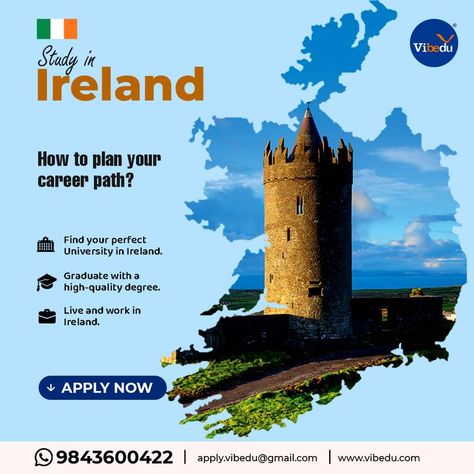 Study in Ireland! How to plan your career path? * Find your perfect University in Ireland. * Graduate with a high-quality degree. * Live and work in Ireland. Call 98436 00422 and let our experts guide you. #abroadstudies #Admissions #Applications #collegeabroad #InternationalStudents #OverseasEducation #StudiesOverseas #studyabroad #studyoverseas #studyinireland #university #universityabroad #universityinireland #universitiesinireland #vibedu #Visa Study In Ireland Creative Ads, Ireland Study Abroad, Study In Ireland, College Abroad, University Abroad, Moving To Ireland, Business Brochure Design, Overseas Education, Career Path