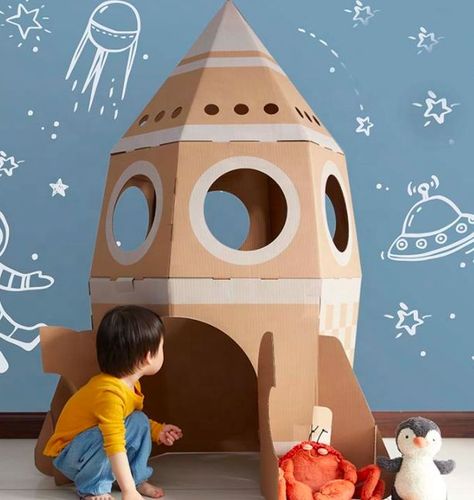 How cute is this Rocket !? Measureing 1m x 1m x 1.2m Hours and hours of fun! Play House Indoor, Fun Garden Art, Cardboard Rocket, Diy Rocket, Rockets For Kids, Cardboard Design, Cardboard Art, Space Party, Space Birthday