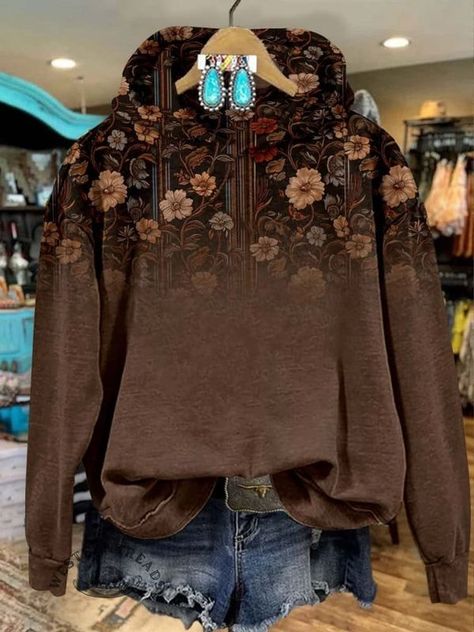 Westerntreads Western Elements, Cranberry Butter, Western Sweater, Western Sweaters, Brown Flower, Vintage Floral Print, Printed Sleeves, Long Sleeve Sweatshirt, Knit Shirt